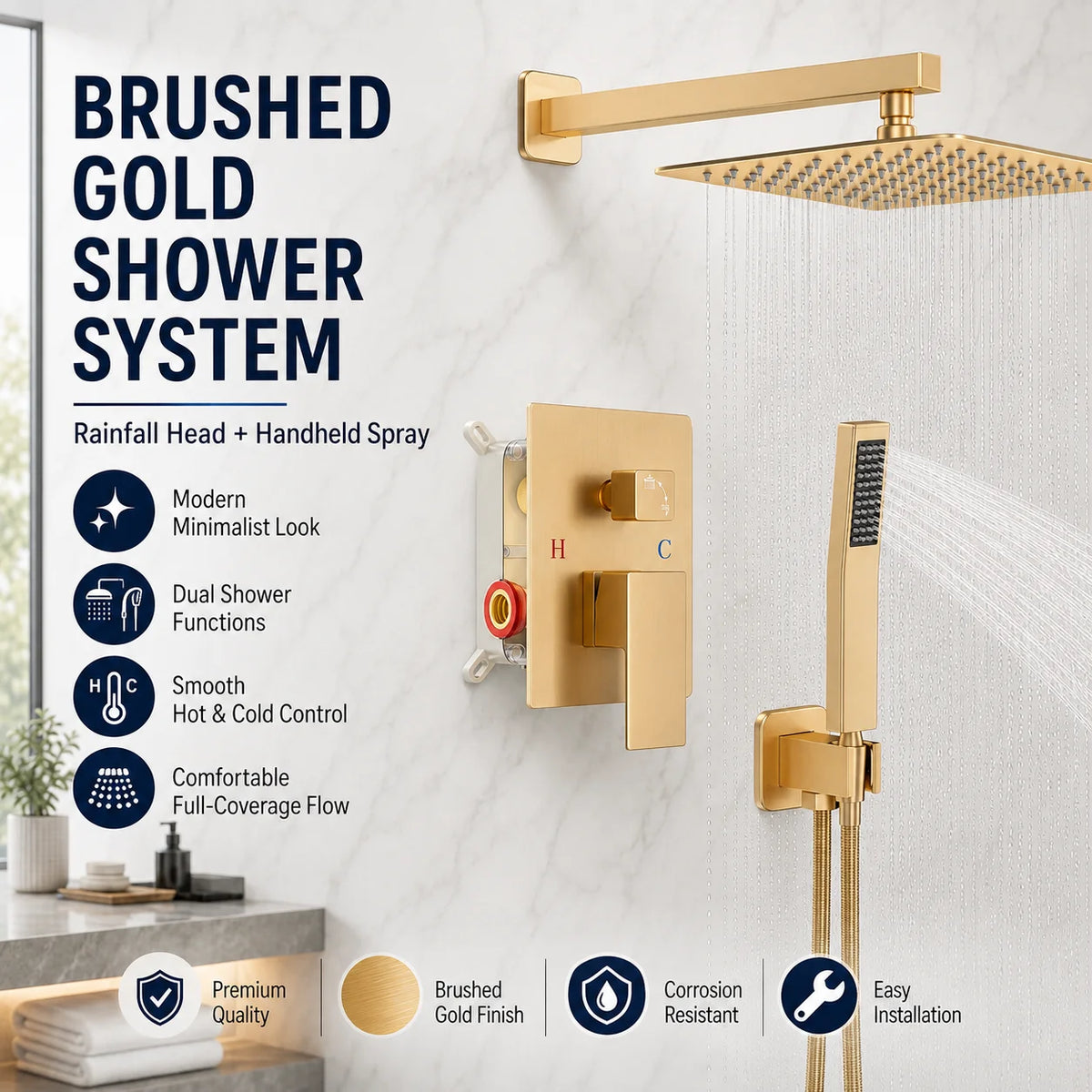 Brass Concealed Wall Mount Shower System Rain Head Handheld Valve
