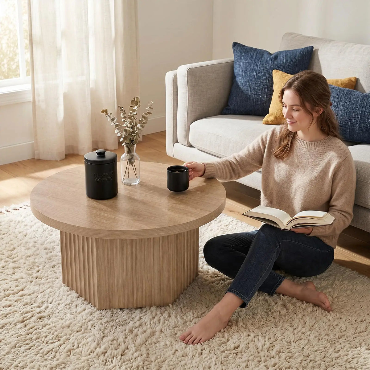 HiMISS Fluted Round Coffee Table Modern Wood Pedestal Living Room