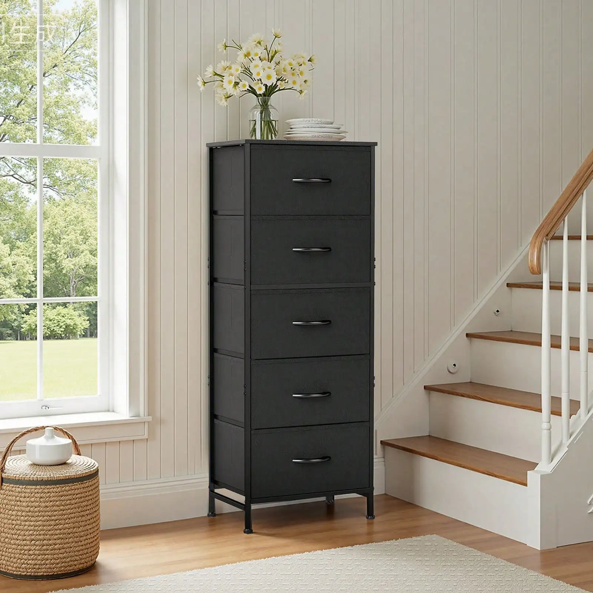 Fabric Storage Dresser With Wooden Top And Steel Frame Unit