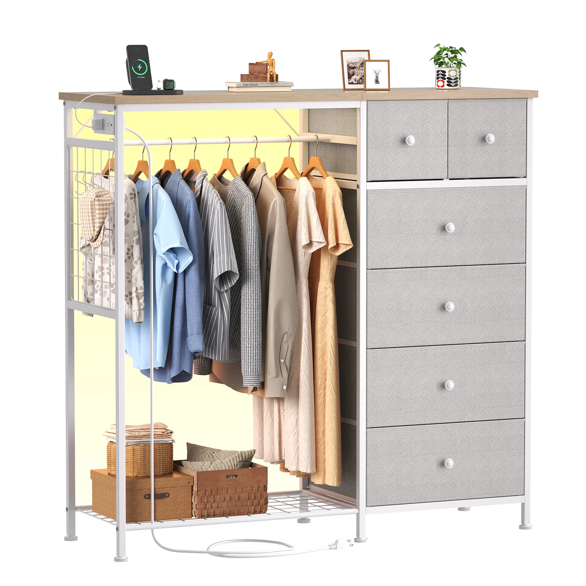 JHK Fabric Dresser with Hanging Rack and Charging Station
