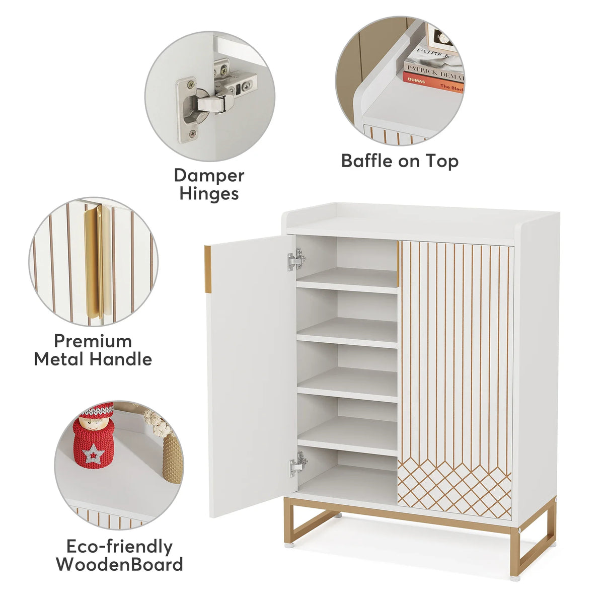 Tribesigns White Shoe Cabinets with Doors, 5-Tier Shoe Rack, Wood Storage Cabinet for Bedroom Hallway Living Room