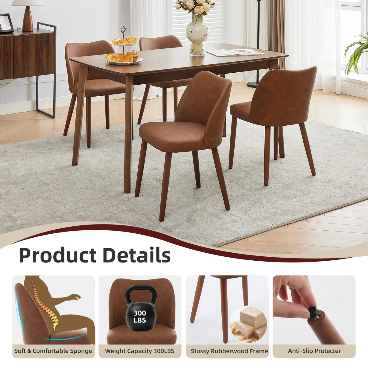 Dining Chair Set Of 2, Leather Upholstered Kitchen Chairs With Wing Back Thick Cushion Wood Legs For Dining Room Living Room