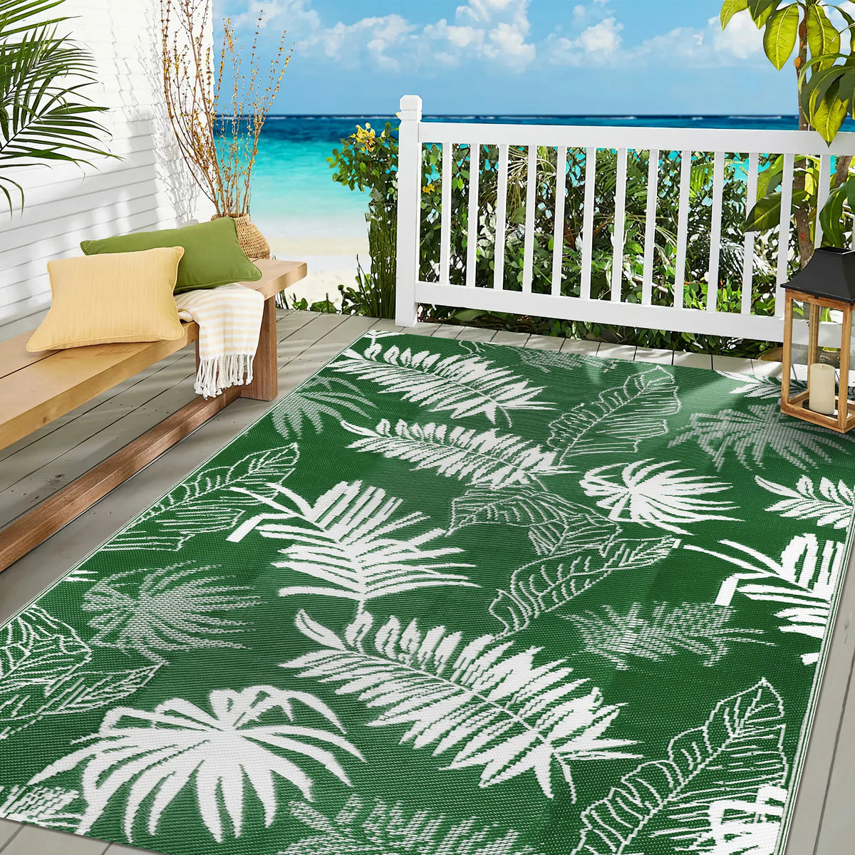 Leaves Pattern Recycled Plastic Straw Outdoor Rope Rug For Patio
