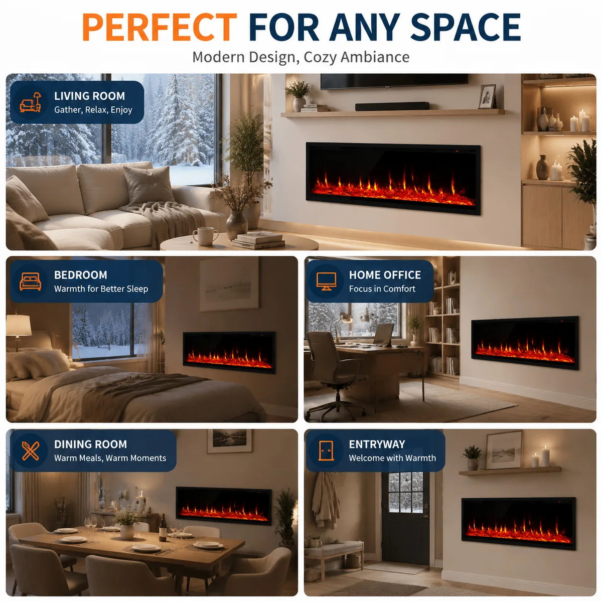ANIXOL Recessed Wall Mounted Electric Fireplace Heater With Remote