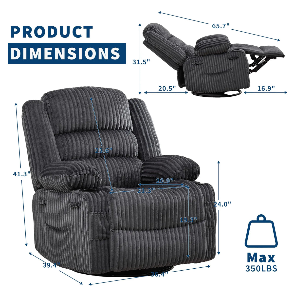 HiMISS 360 Swivel Rocking Recliner Chair With Deep Corduroy Seat
