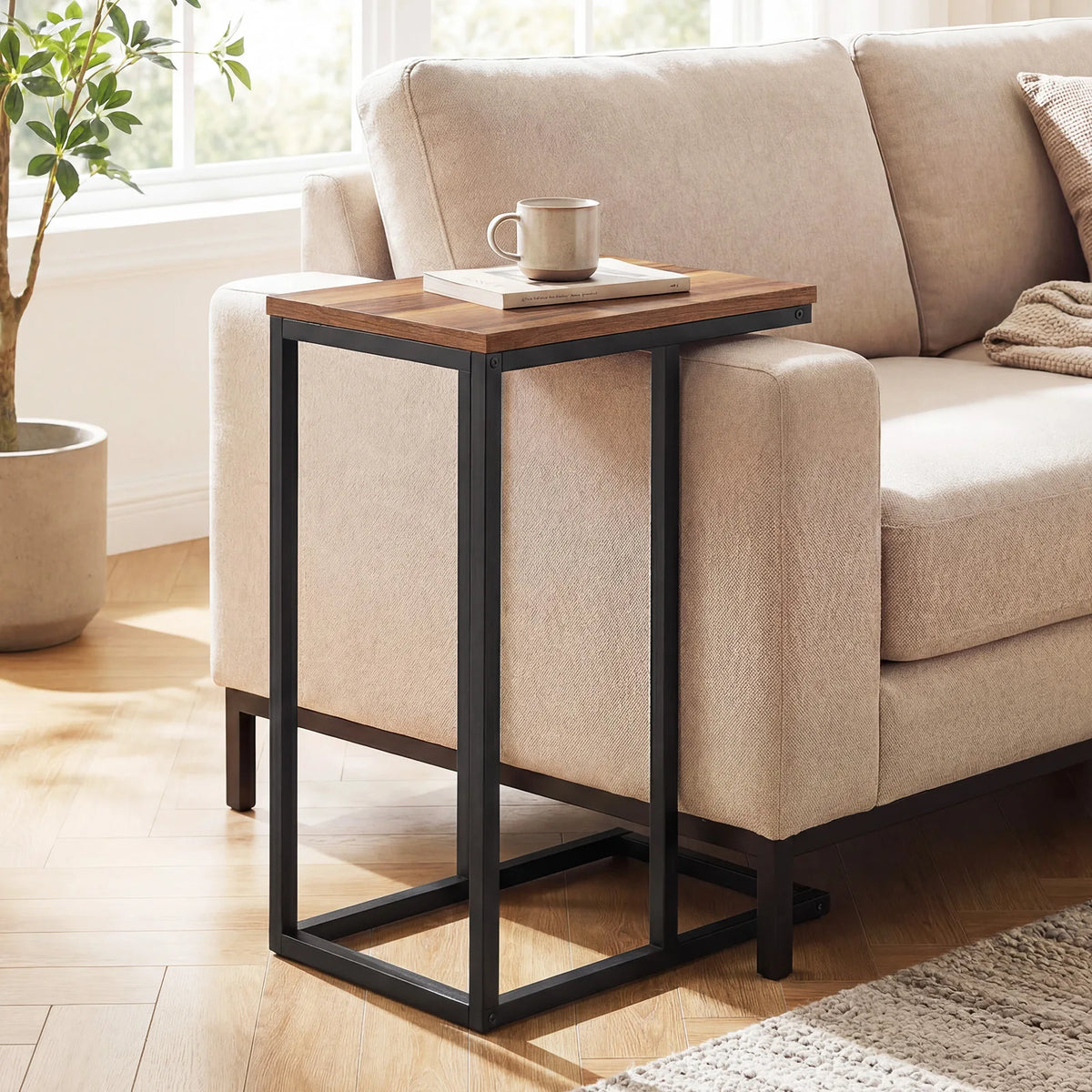 Homasis C Shaped Wooden End Table With Adjustable Pads