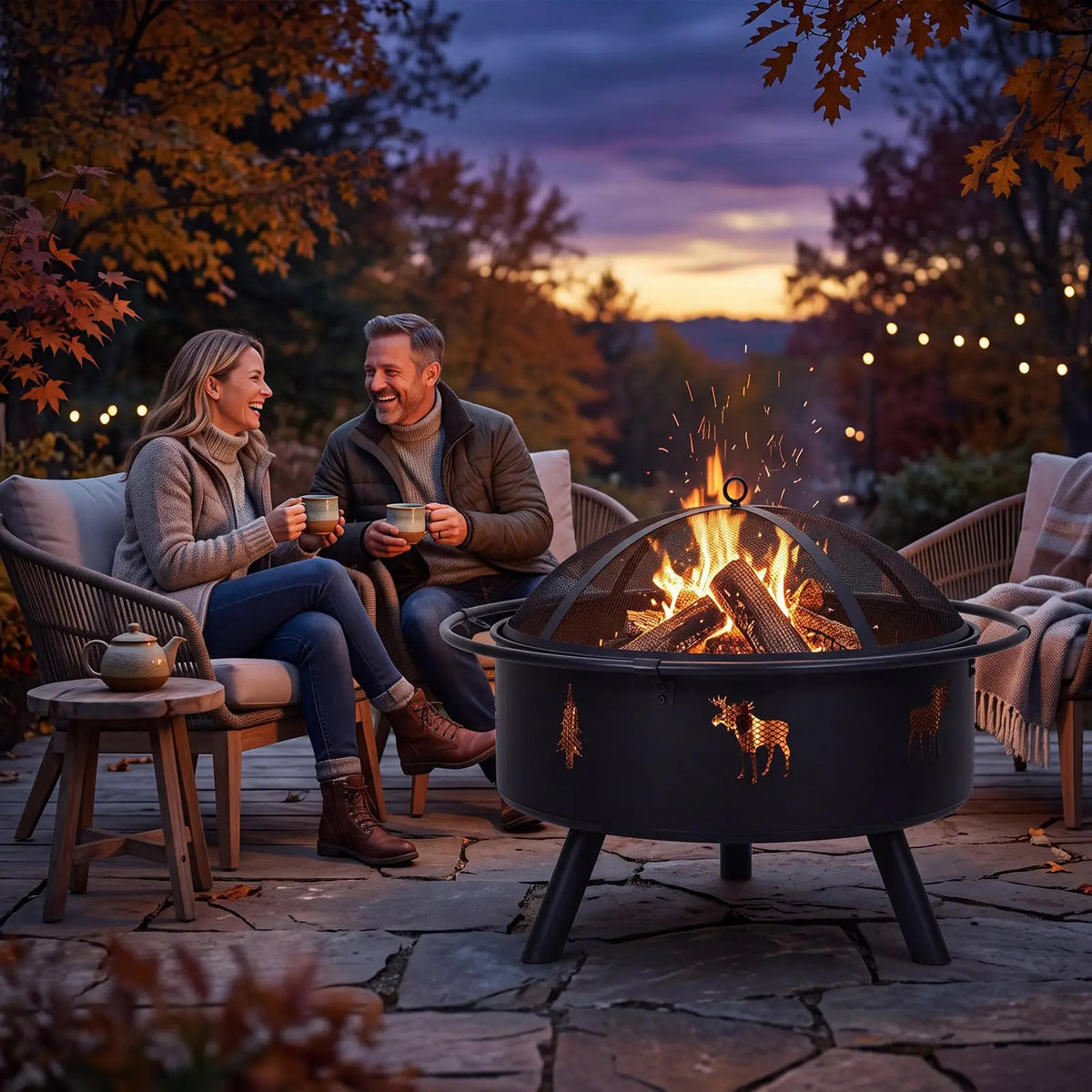 HiMISS Wood Burning Fire Pit With Mesh Screen And Poker