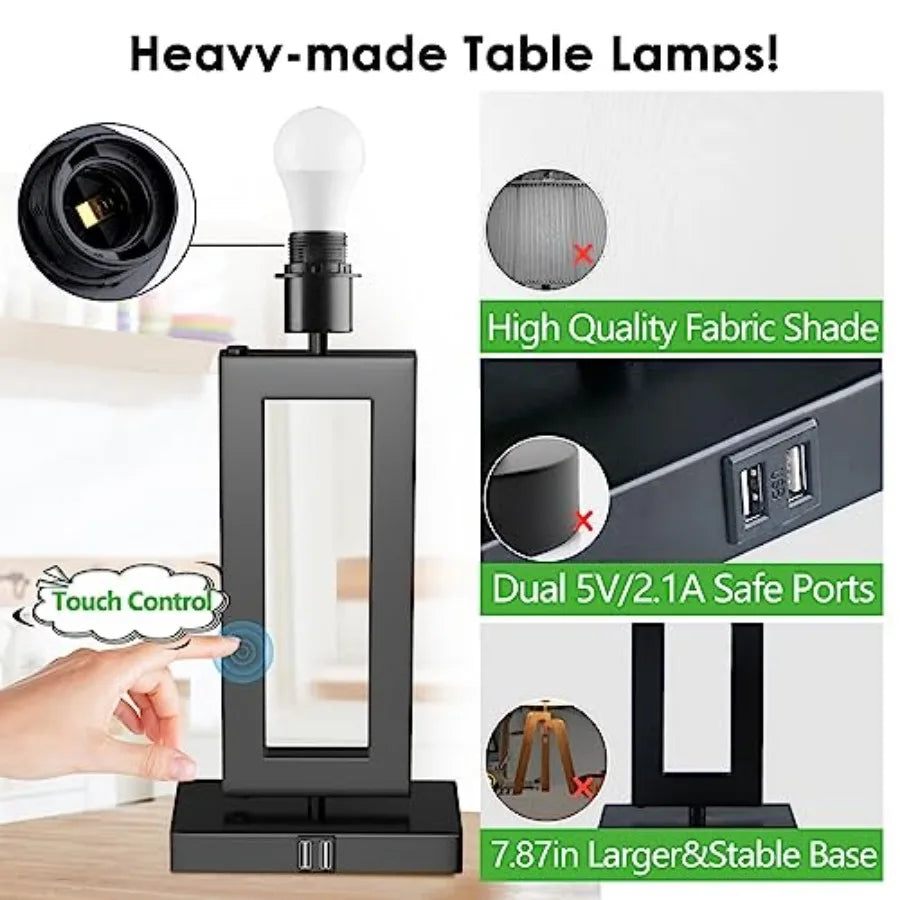 Touch Control Dimmable Table Lamp Set With Usb Charging Ports