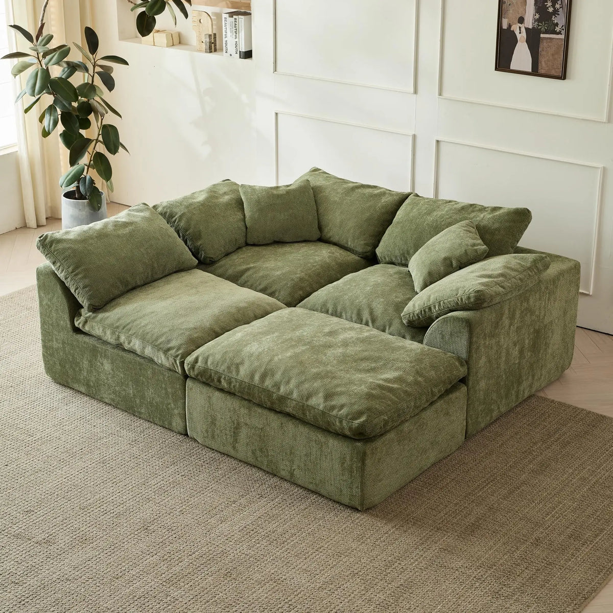 Yeflixvrau Modern Cloud L Shaped Chenille Fabric Sofa With Ottoman