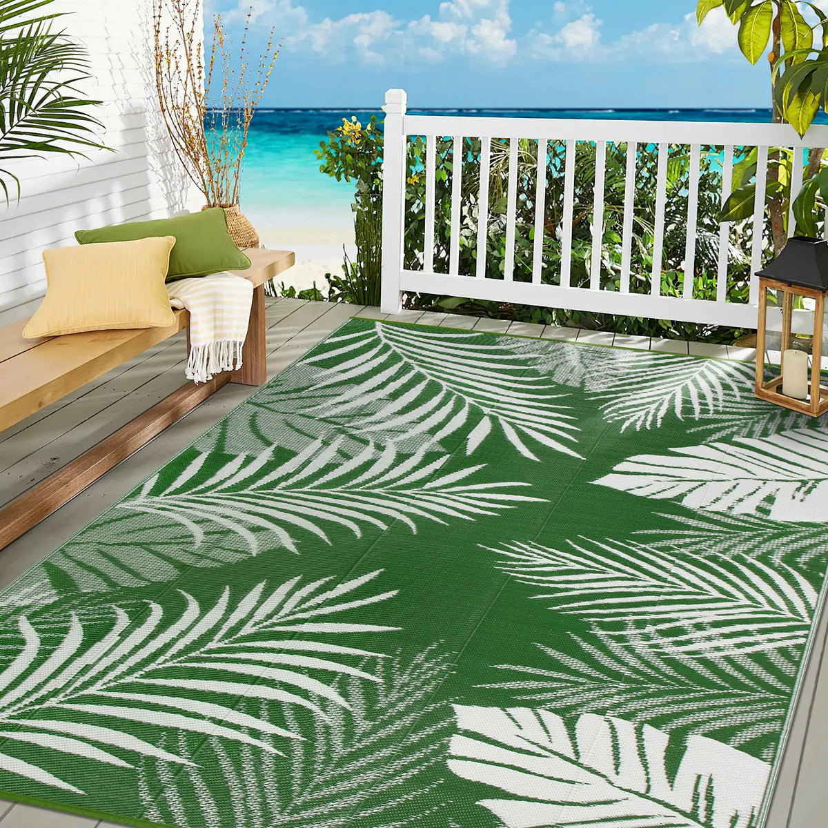 Leaves Pattern Recycled Plastic Straw Outdoor Rope Rug For Patio