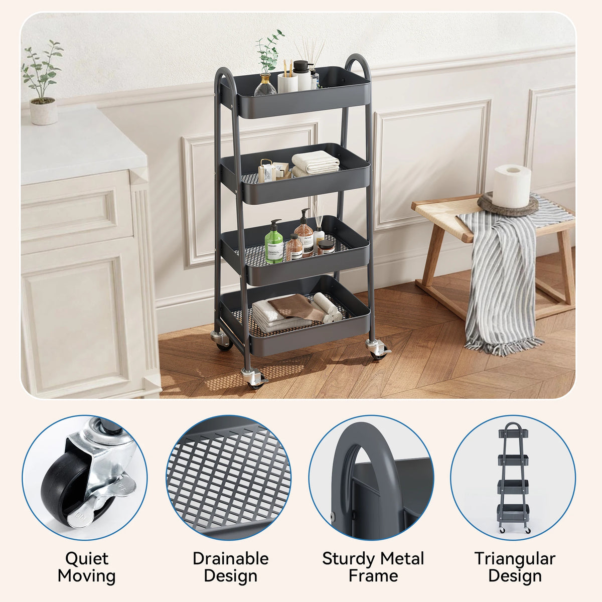 JHK Durable Metal Kitchen Storage Cart With Lockable Wheels