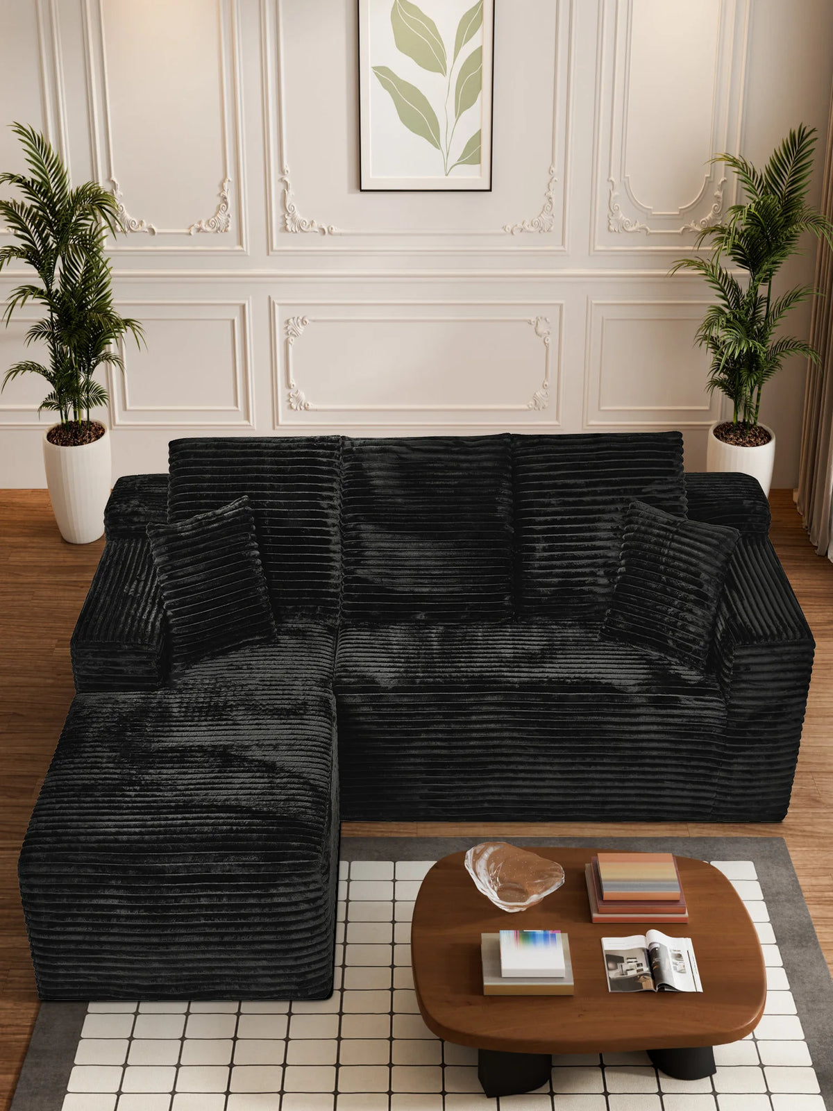 107 Inch L-Shaped Modular Sofa with Recliner and Chaise, Plush Corduroy Cloud Couch Sleeper, No Assembly Deep Seat Sectional for Living Room Apartment, Black