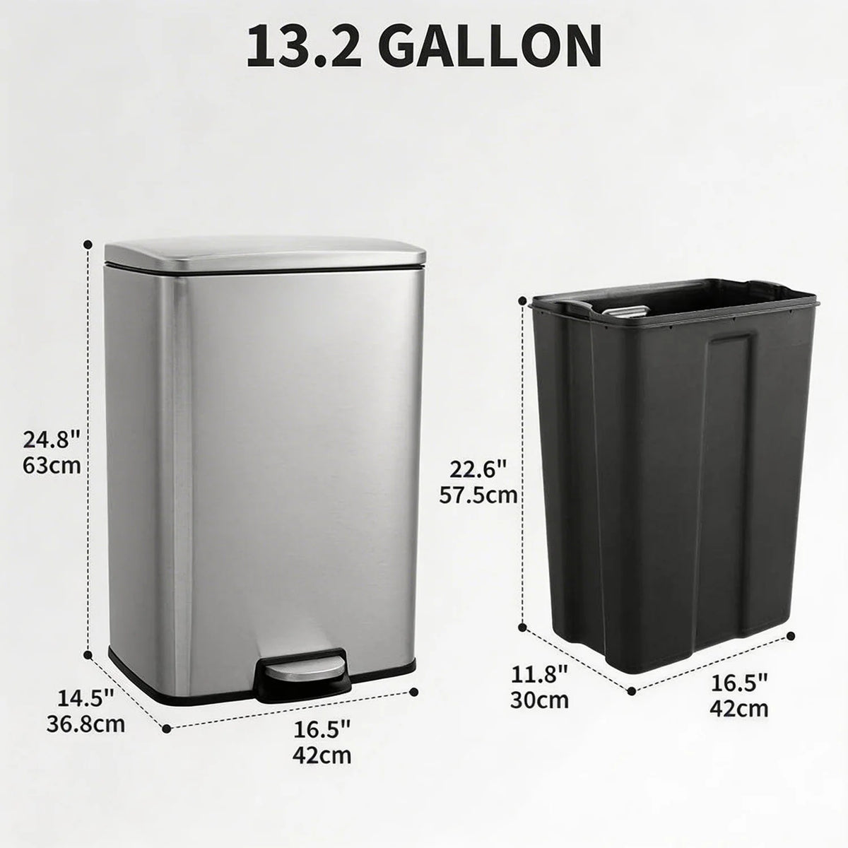 Fingerprint-Proof 13 Gal Pedal Trash Bin Stainless Steel Kitchen Wastebasket Removable Liner Quiet Lid For Office Garage