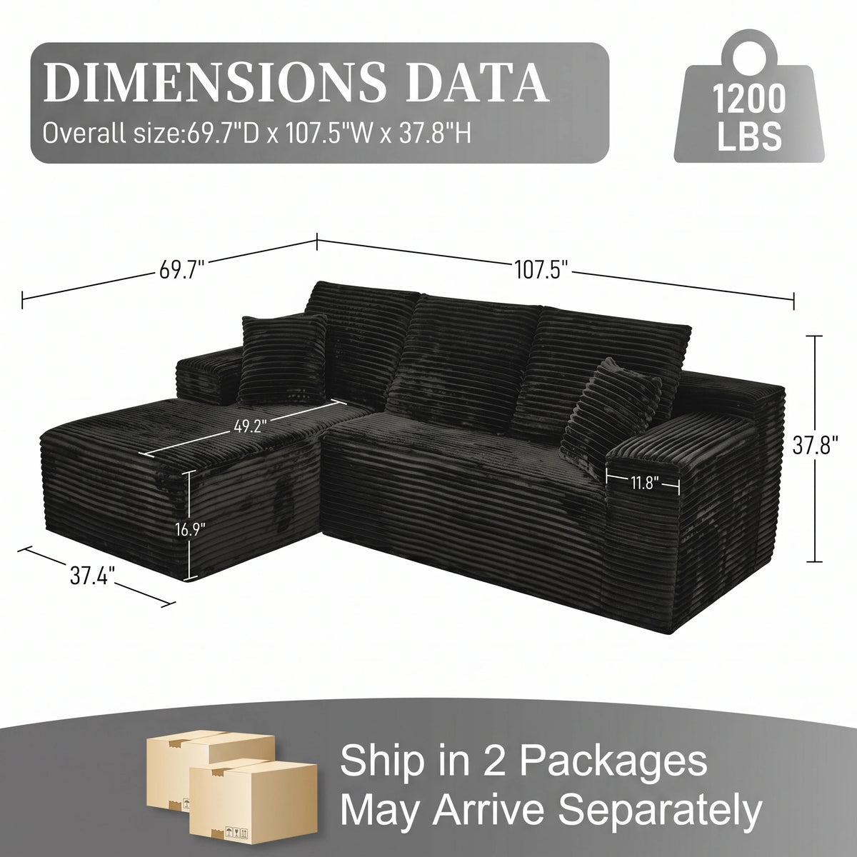 107 Inch L-Shaped Modular Sofa with Recliner and Chaise, Plush Corduroy Cloud Couch Sleeper, No Assembly Deep Seat Sectional for Living Room Apartment, Black