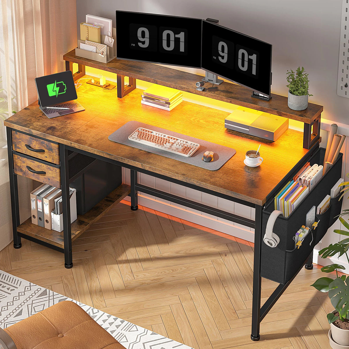 EnHomee Modern Office Desk With Power Outlets And Led Lighting