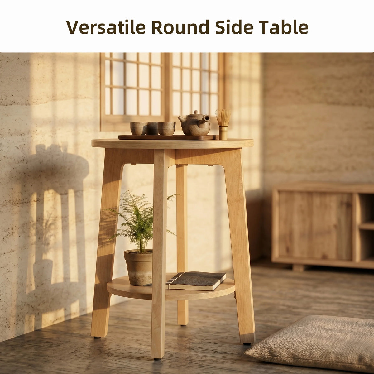 JHK Wood Round Side Table With Two Tier Storage Shelf