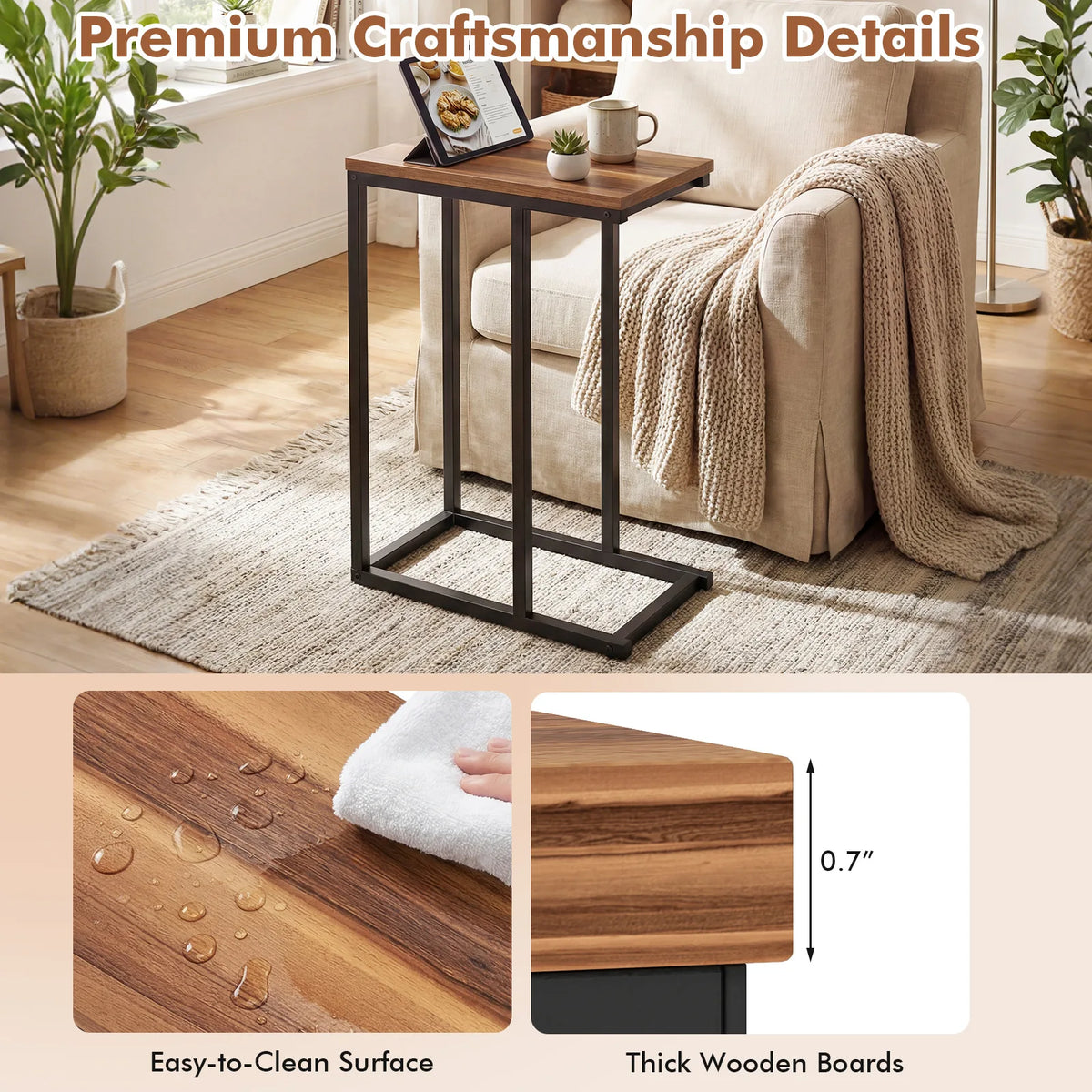 Homasis C Shaped Wooden End Table With Adjustable Pads