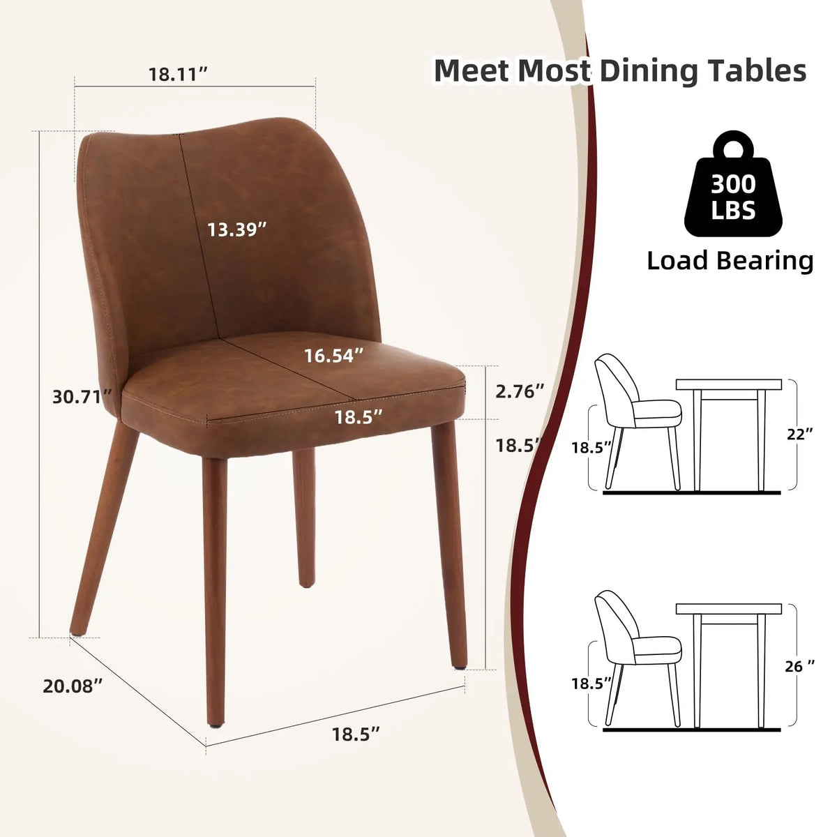 Dining Chair Set Of 2, Leather Upholstered Kitchen Chairs With Wing Back Thick Cushion Wood Legs For Dining Room Living Room