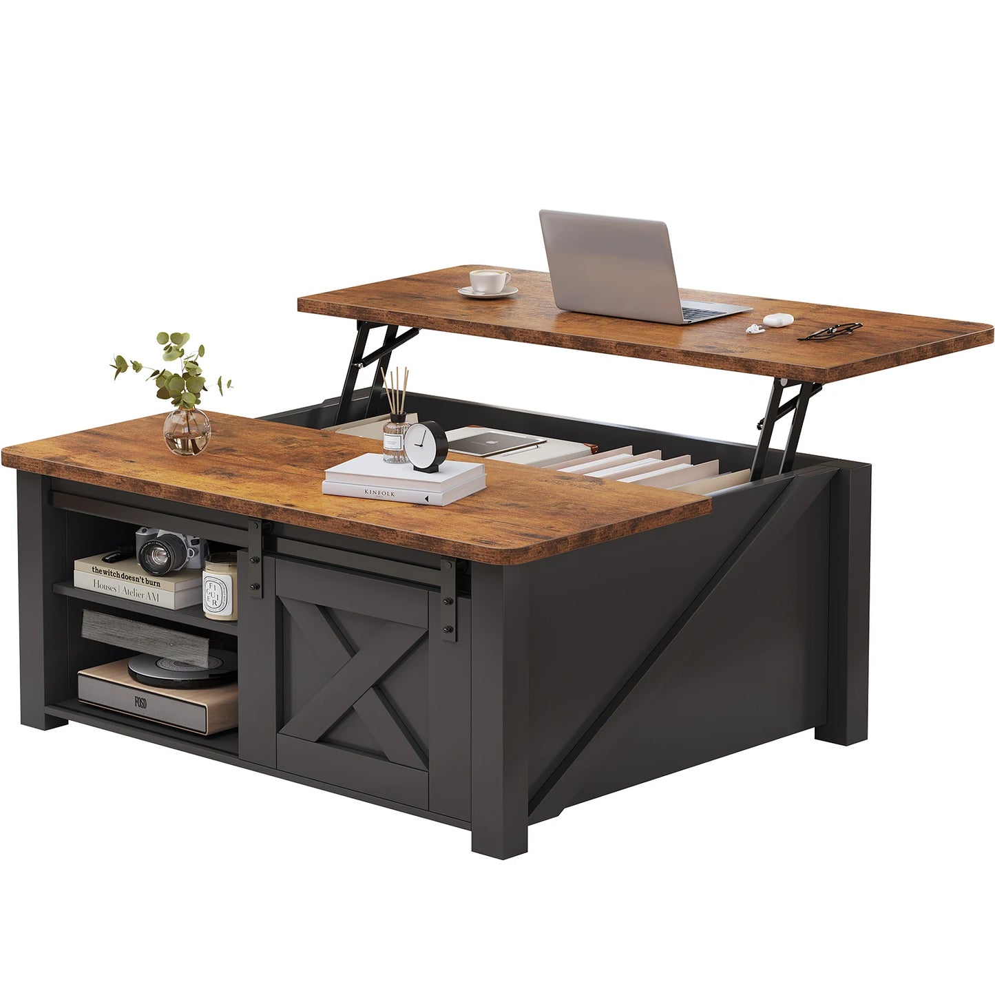 MCQ Wood Lift Top Coffee Table Adjustable Storage Shelf