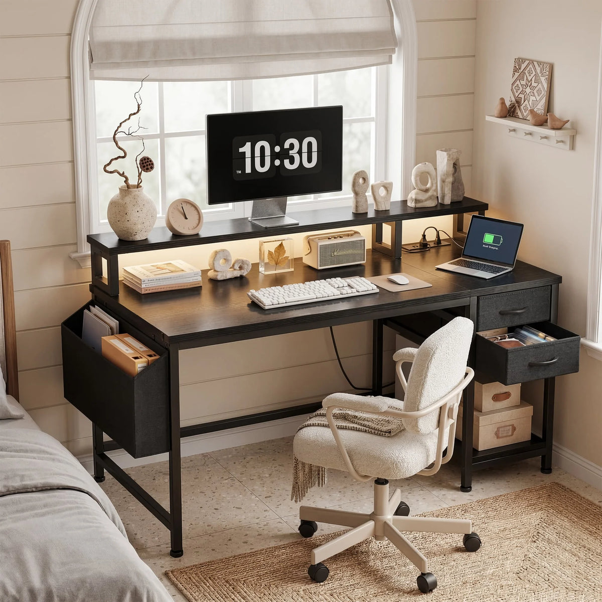 EnHomee Modern Office Desk With Power Outlets And Led Lighting