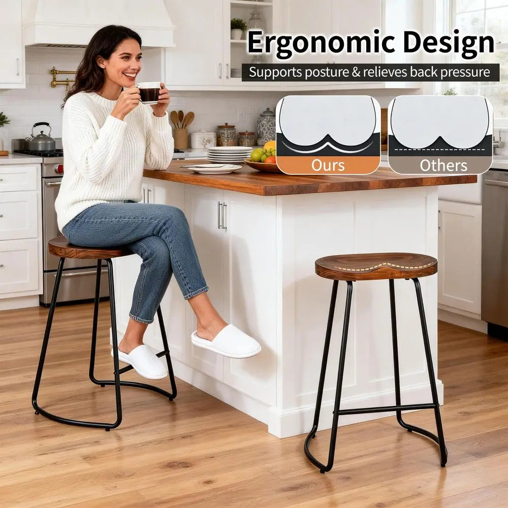 Rustic Solid Wood Counter Height Saddle Seat Bar Stools