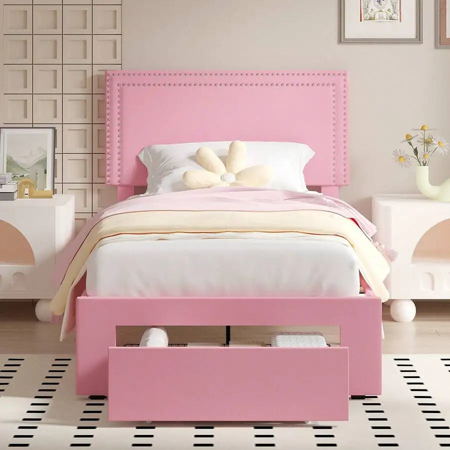 Velvet Upholstered Bed Frame With Four Storage Drawers And Adjustable Headboard