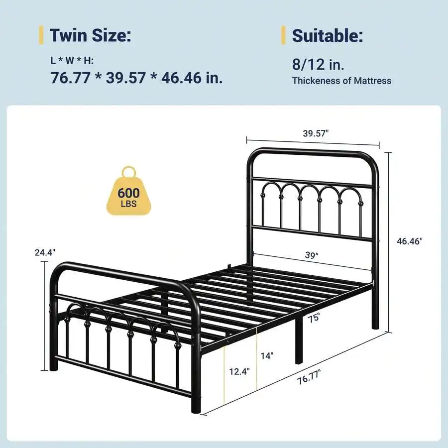 Victorian Style Metal Platform Bed Frame With Curved Iron Headboard