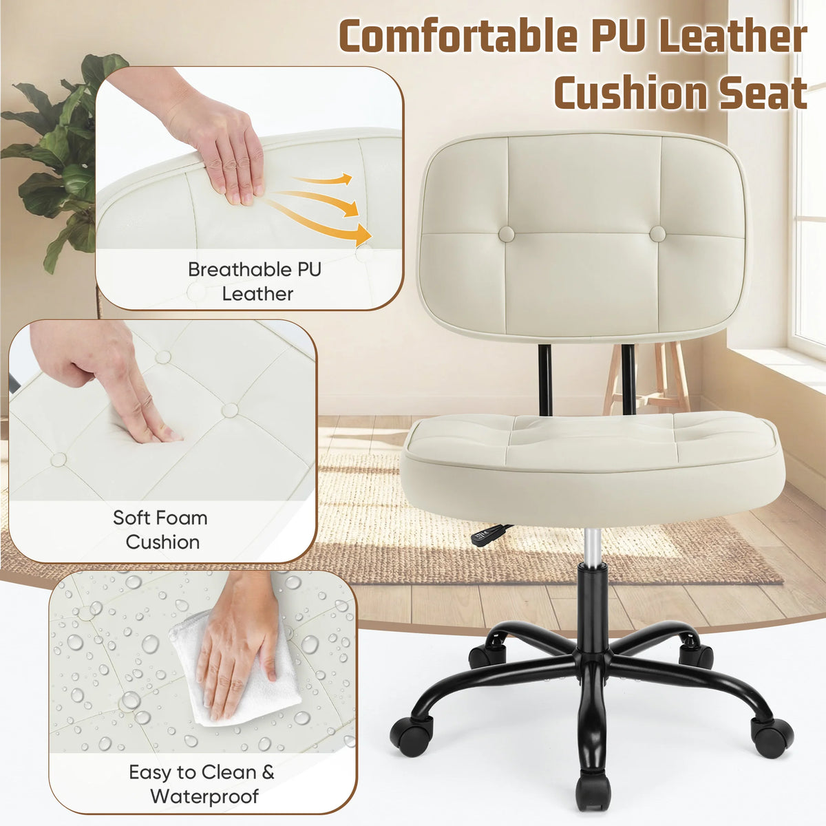 JHK Armless PU Leather Ergonomic Office Chair With Lumbar Support