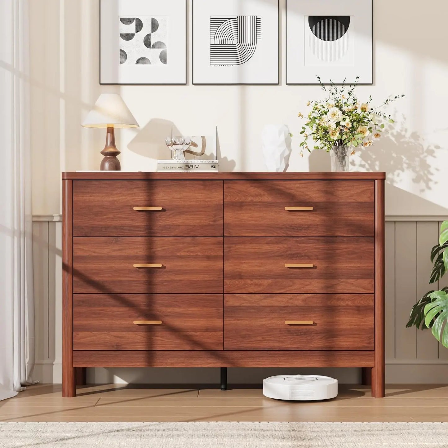 HiMISS 6 Drawer Wooden Dresser and TV Storage Cabinet