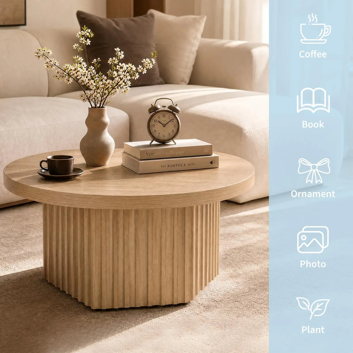 HiMISS Fluted Round Coffee Table Modern Wood Pedestal Living Room