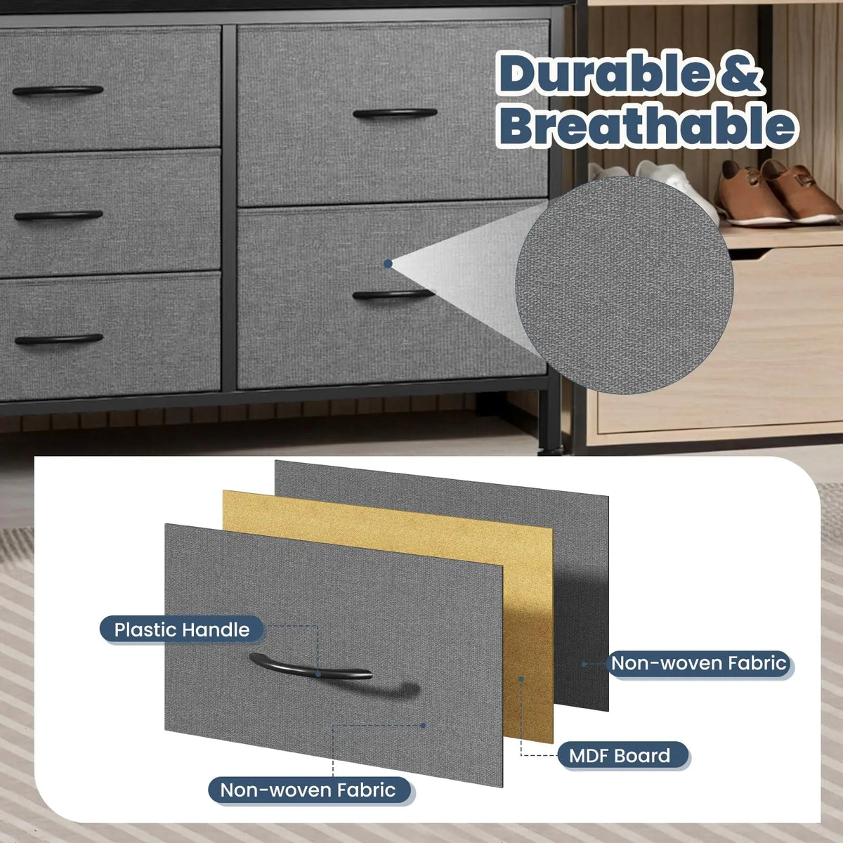 JHK Modern Fabric Storage Dresser With Five Metal Drawers