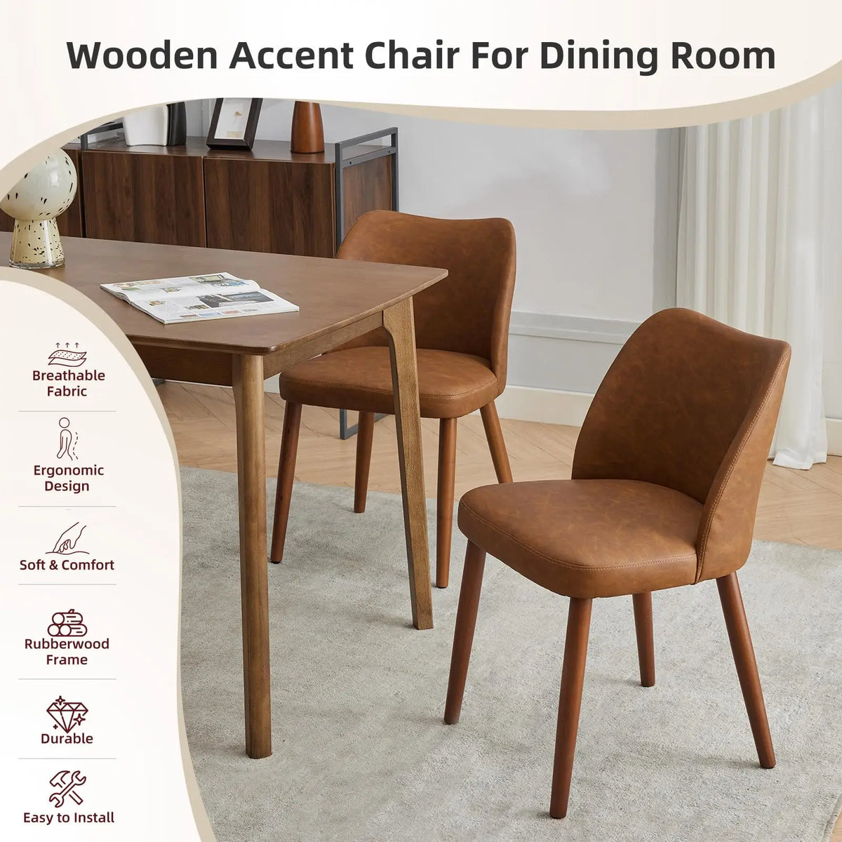 Dining Chair Set Of 2, Leather Upholstered Kitchen Chairs With Wing Back Thick Cushion Wood Legs For Dining Room Living Room