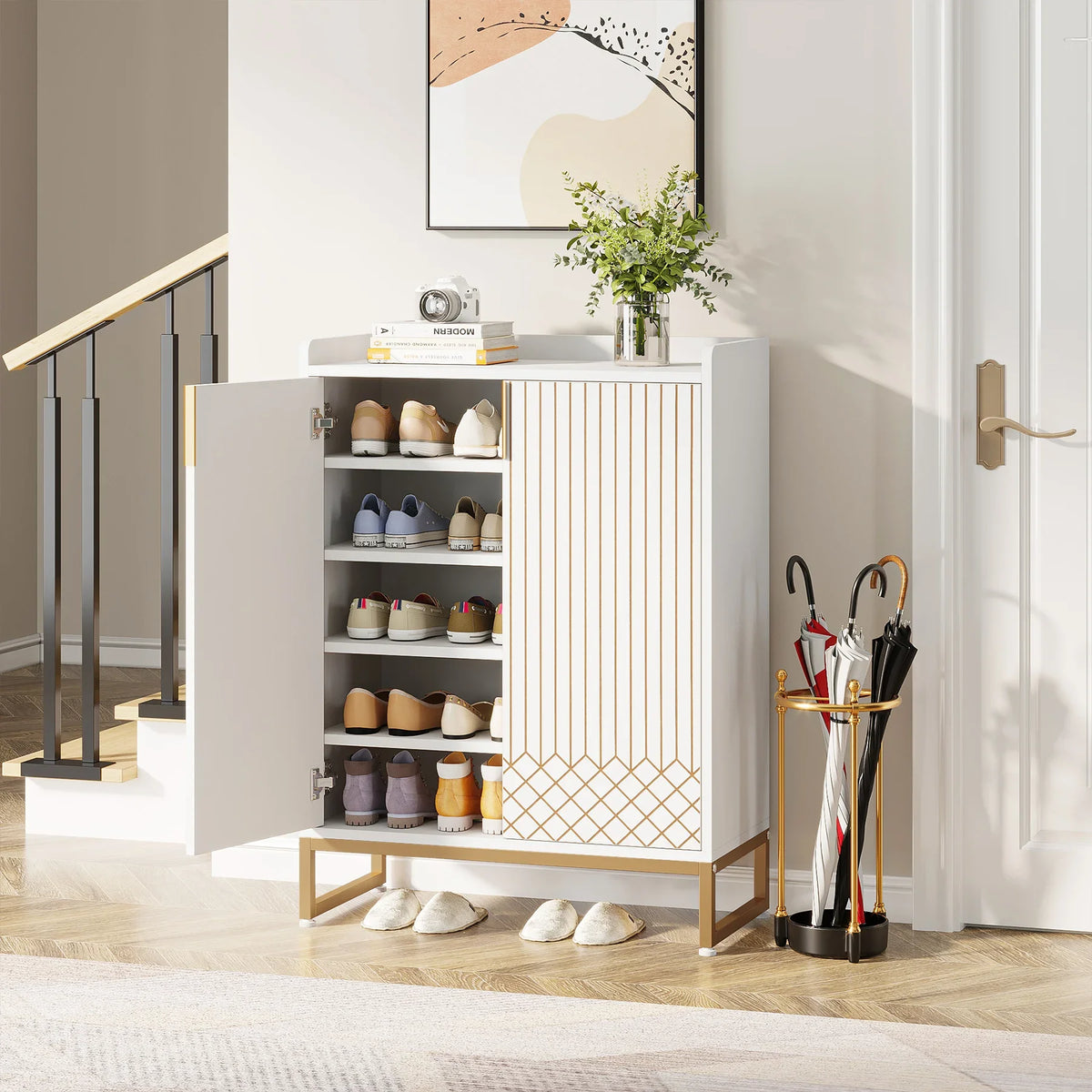 Tribesigns White Shoe Cabinets with Doors, 5-Tier Shoe Rack, Wood Storage Cabinet for Bedroom Hallway Living Room