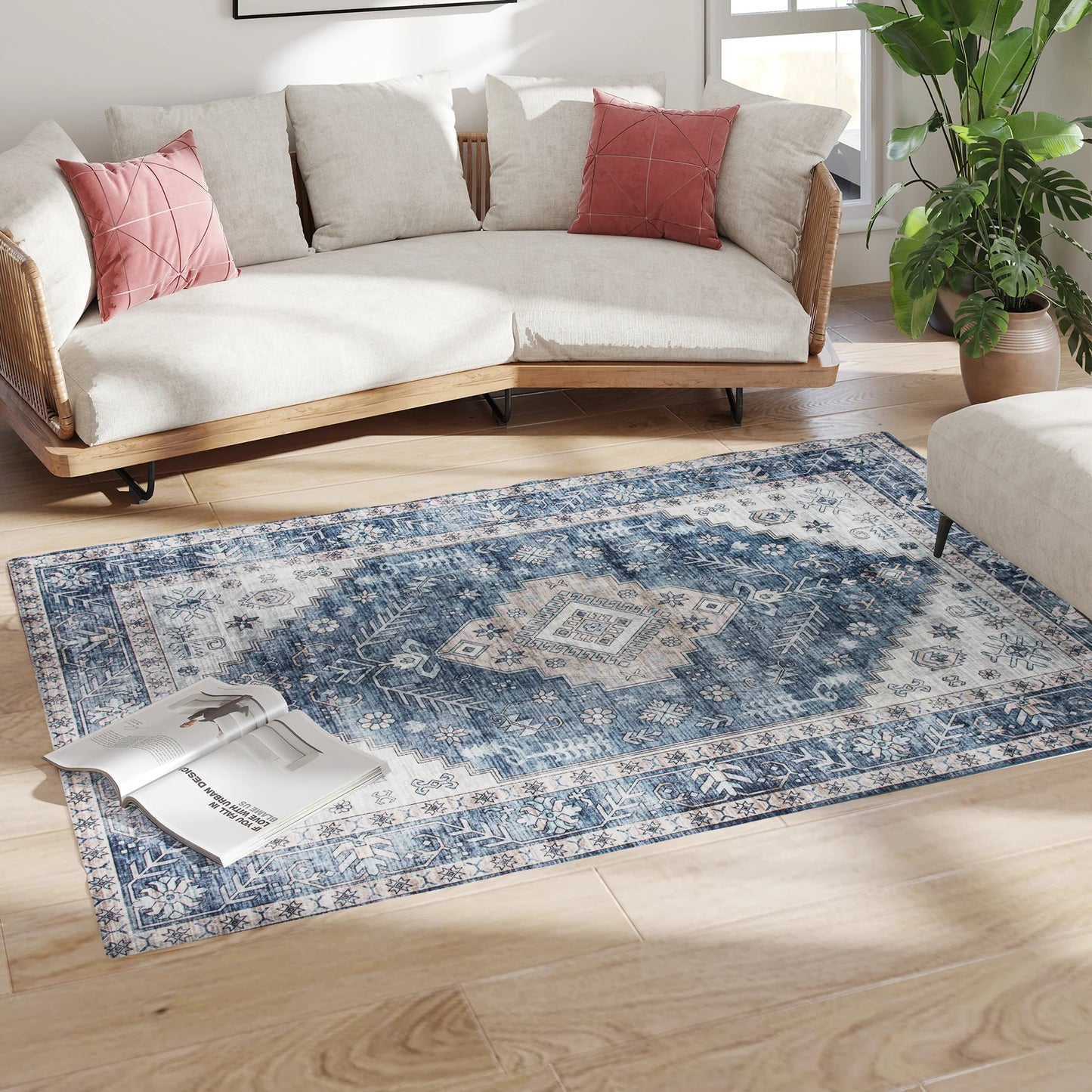 Machine Washable Vintage Oriental Medallion Polyester Area Rug