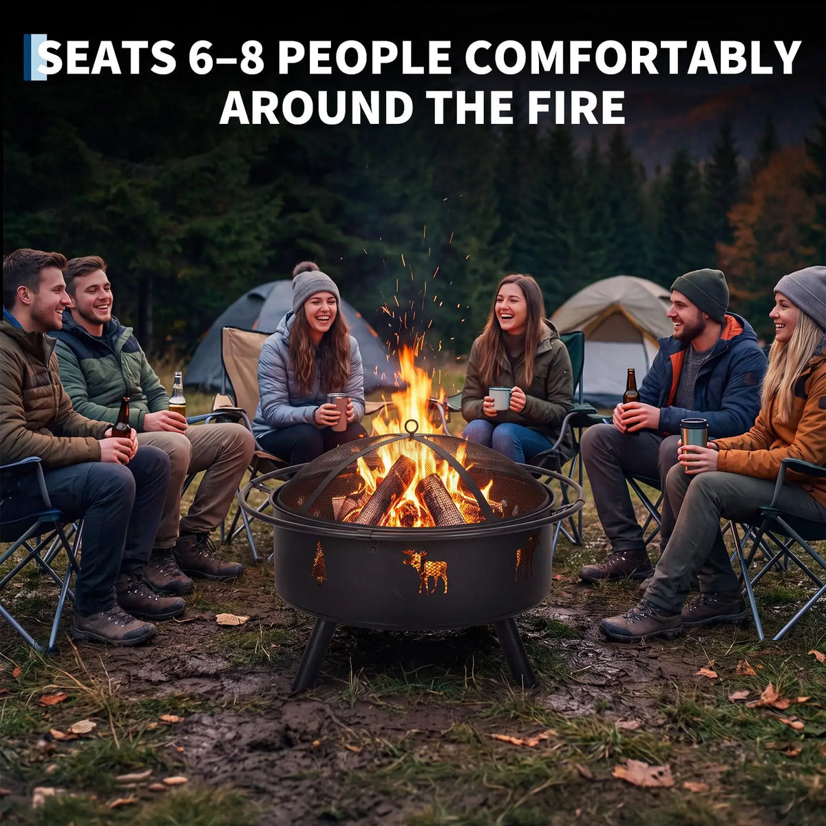 HiMISS Wood Burning Fire Pit With Mesh Screen And Poker