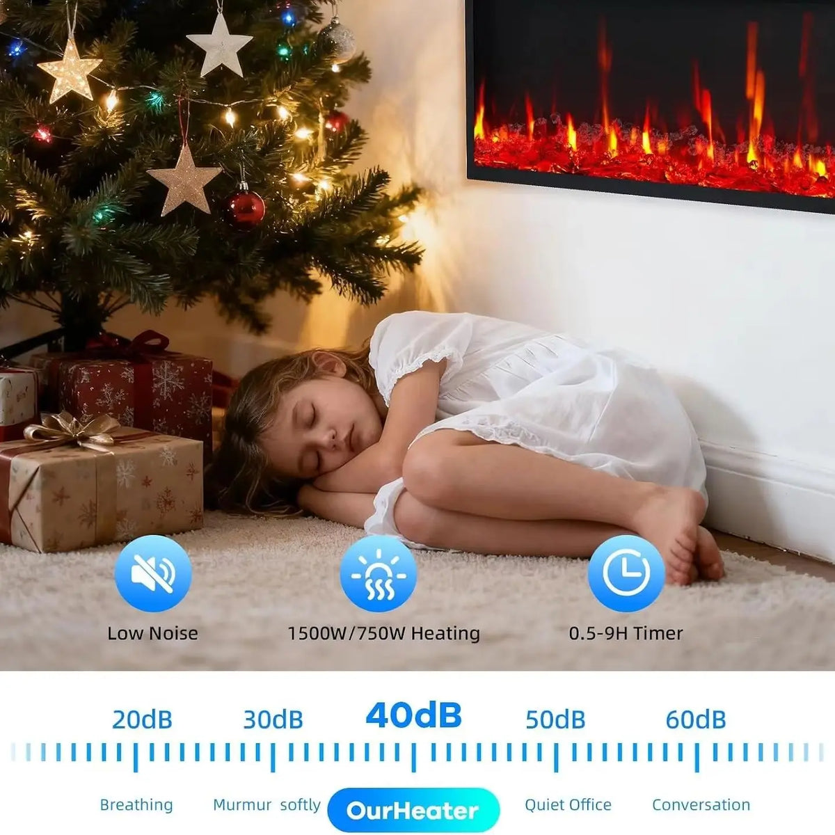 Wall Mounted Electric Fireplace Heater With Crystal Log Set Remote
