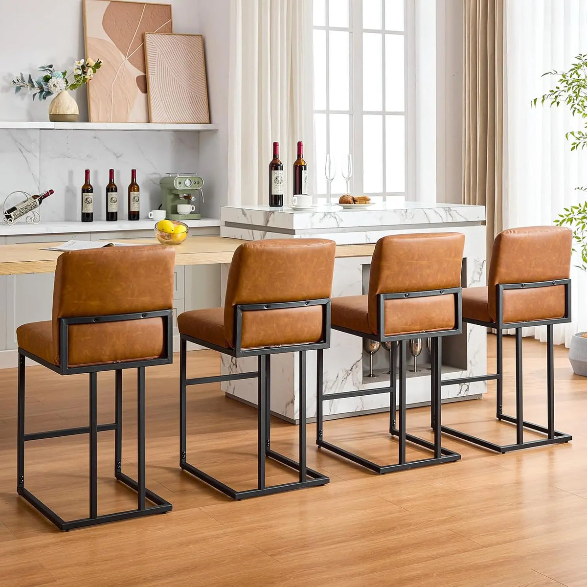 HiMISS Faux Leather Upholstered Bar Stools Set For Kitchen Island