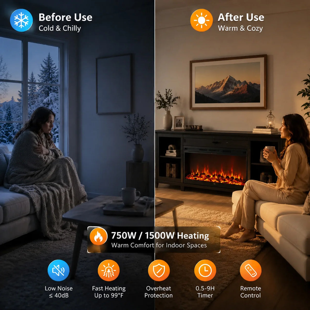 Wall Mounted Electric Fireplace Heater With Crystal Log Set Remote
