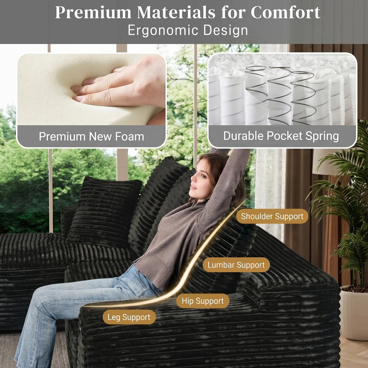 107 Inch L-Shaped Modular Sofa with Recliner and Chaise, Plush Corduroy Cloud Couch Sleeper, No Assembly Deep Seat Sectional for Living Room Apartment, Black