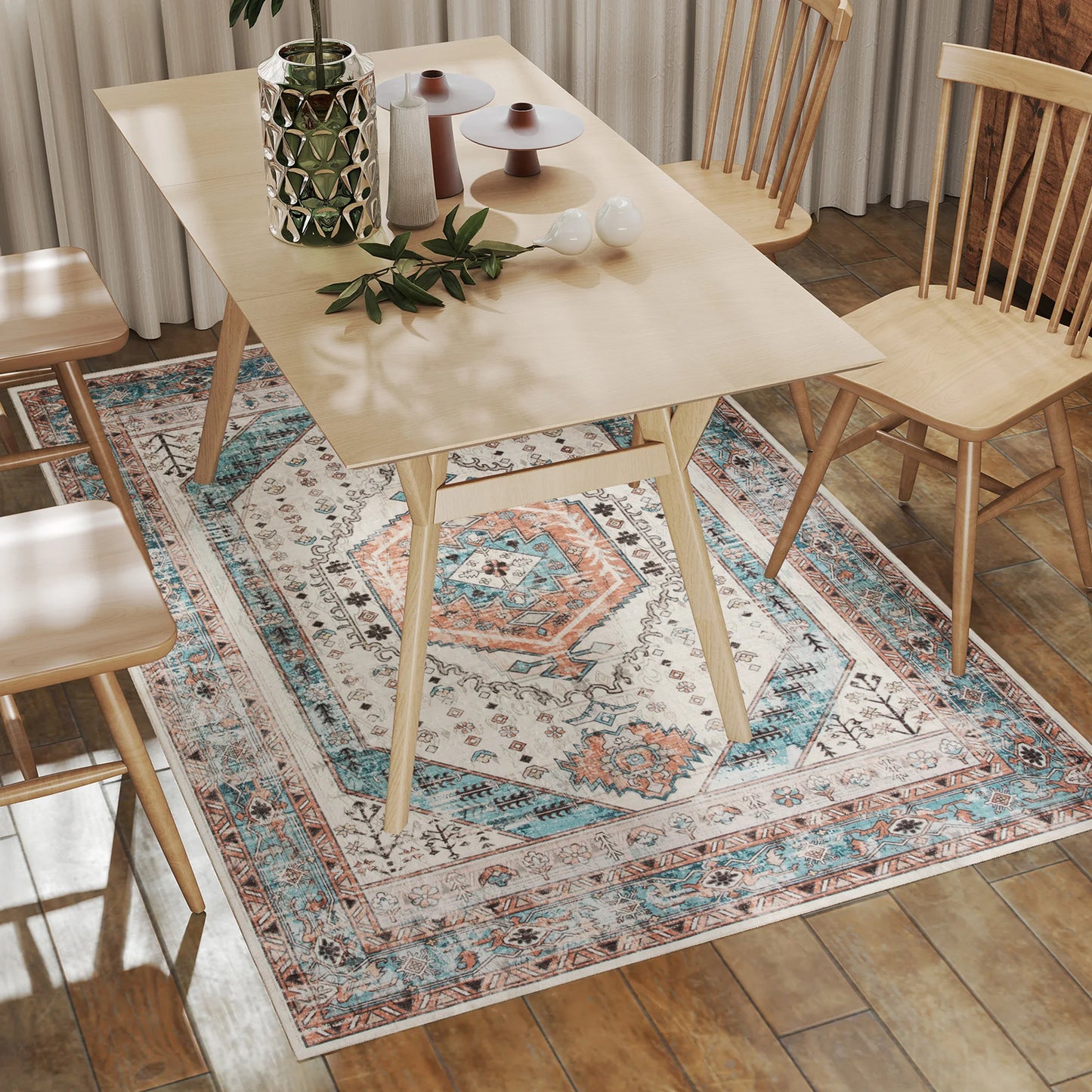 Machine Washable Vintage Oriental Medallion Distressed Area Rug