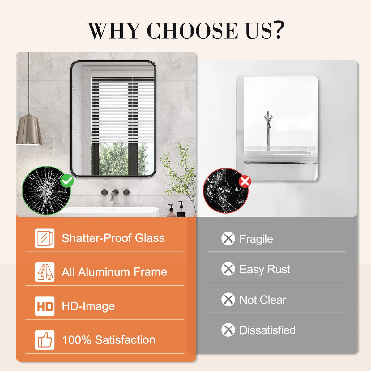 JHK Matte Metal Framed Bathroom Mirror With Tempered Glass