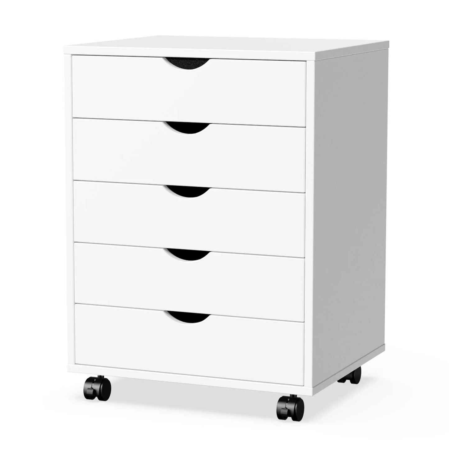 JHK Wood Five Drawer Rolling Nightstand Bedside Table With Storage