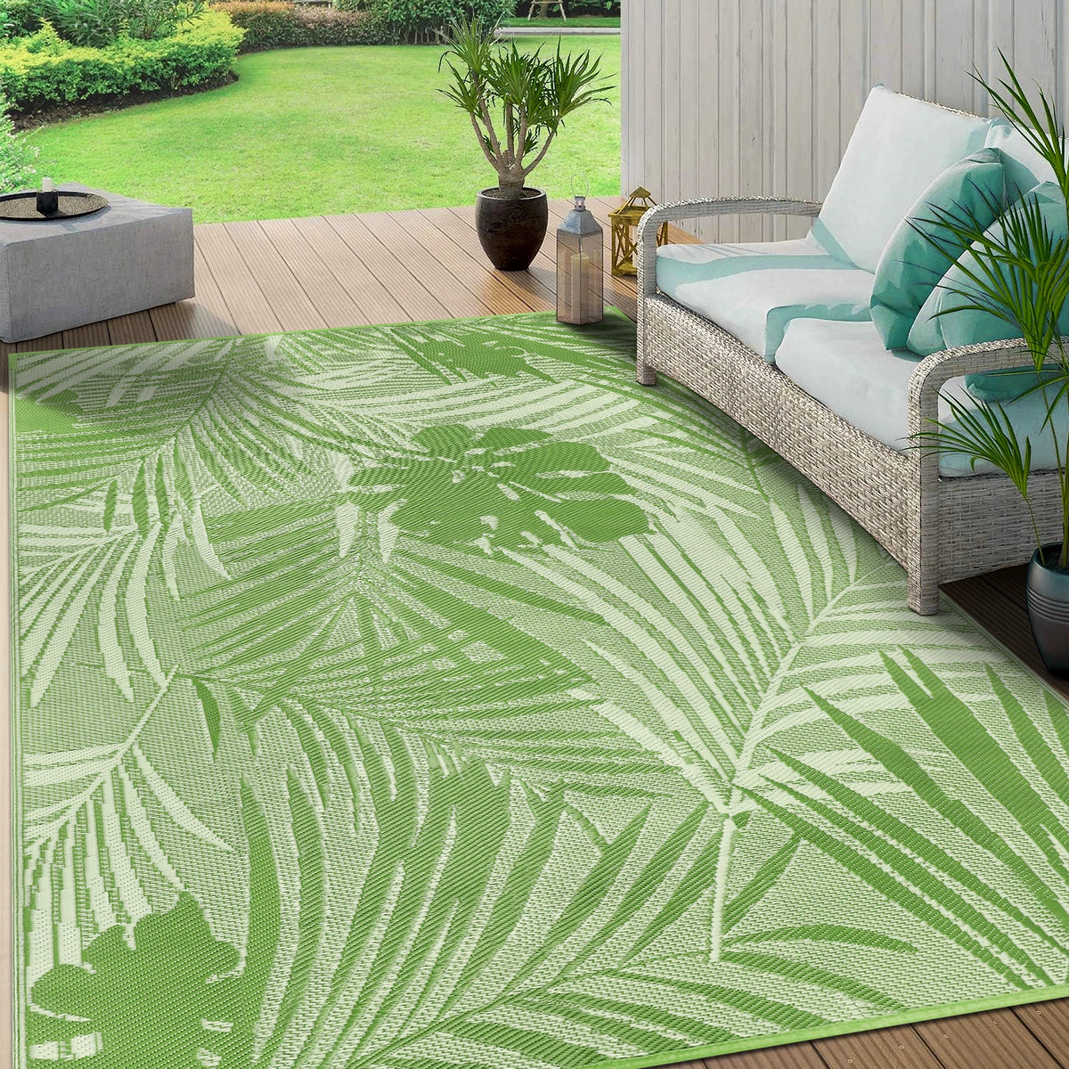 Leaves Pattern Recycled Plastic Straw Outdoor Rope Rug For Patio