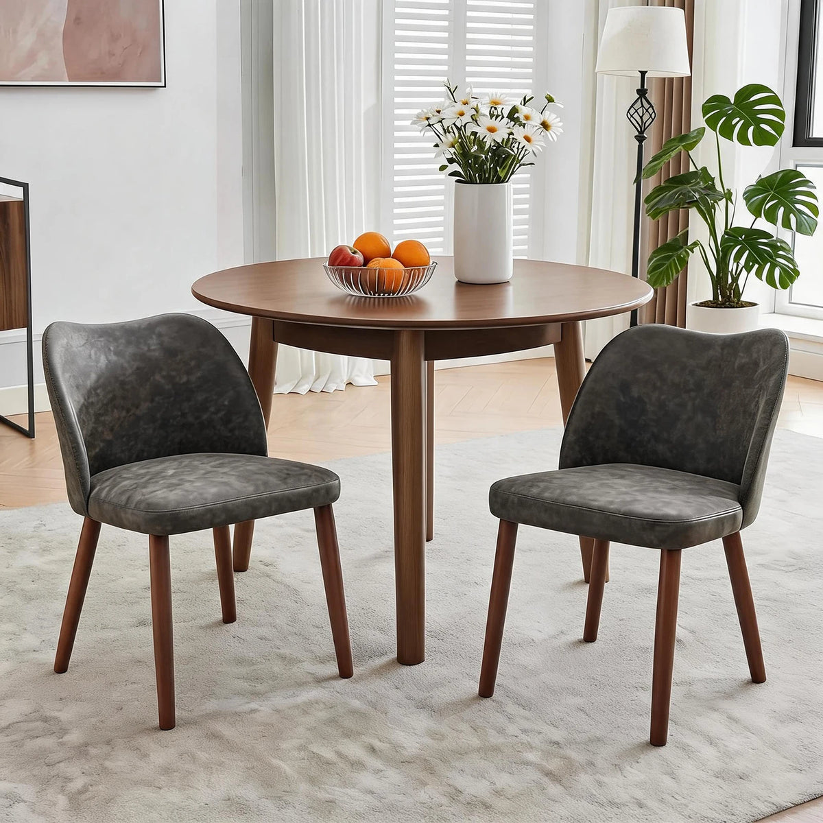 Dining Chair Set Of 2, Leather Upholstered Kitchen Chairs With Wing Back Thick Cushion Wood Legs For Dining Room Living Room