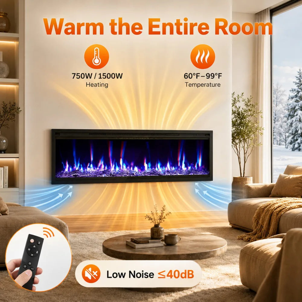 Wall Mounted Electric Fireplace Heater With Crystal Log Set Remote