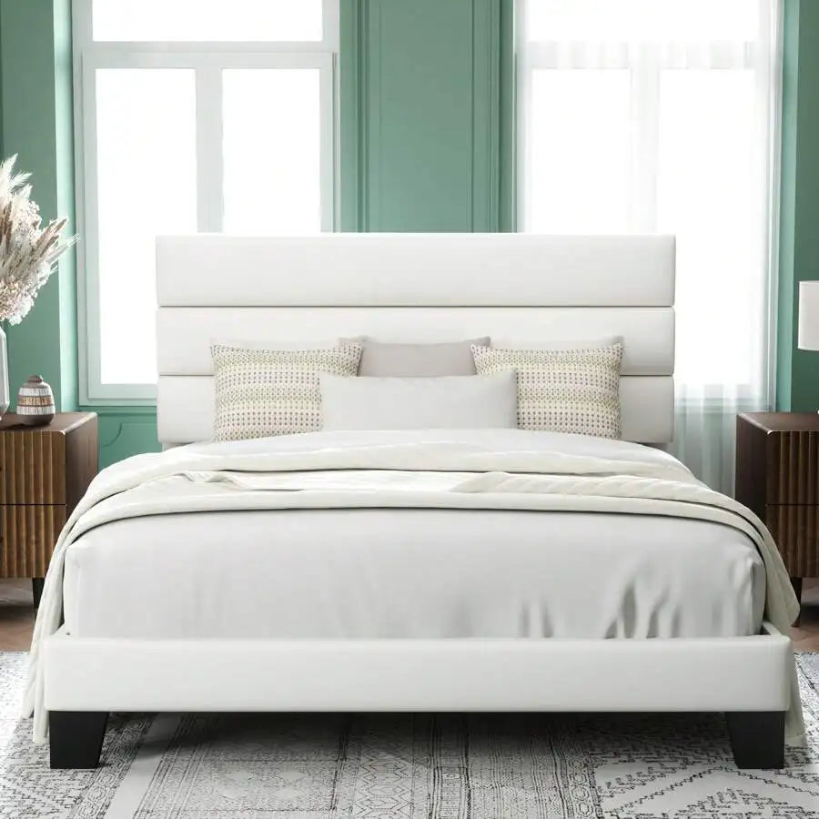 Fabric Upholstered Platform Bed Frame With Wooden Slats