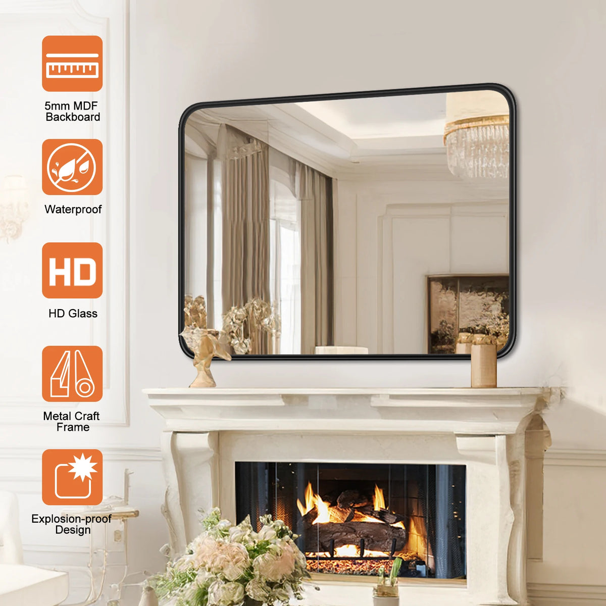 JHK Matte Metal Framed Bathroom Mirror With Tempered Glass