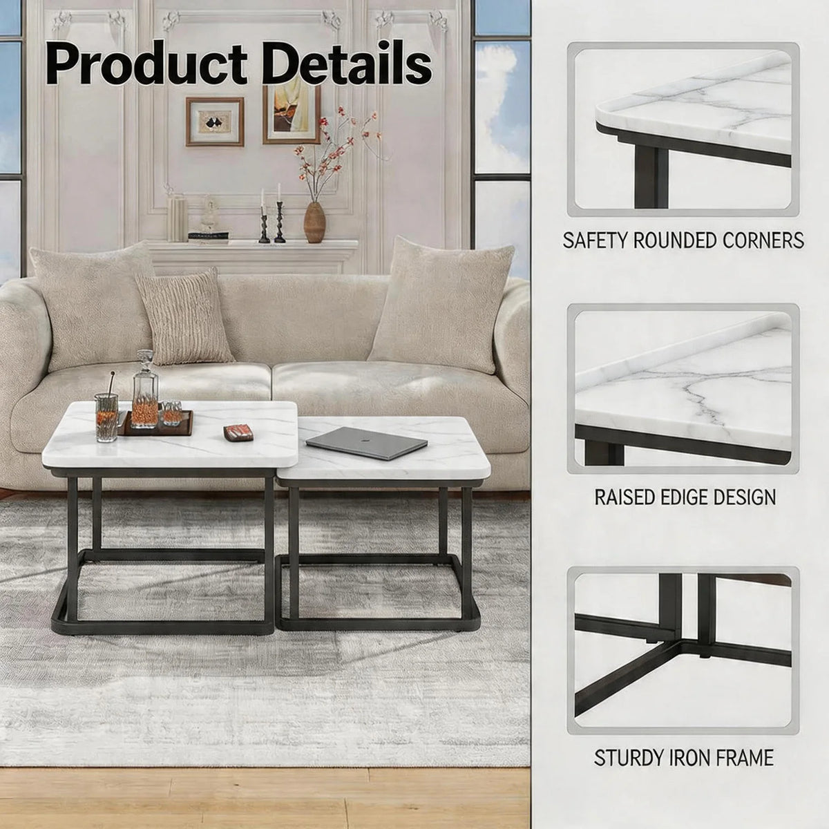HiMISS Square Fluted Nesting Coffee Tables Set of Two