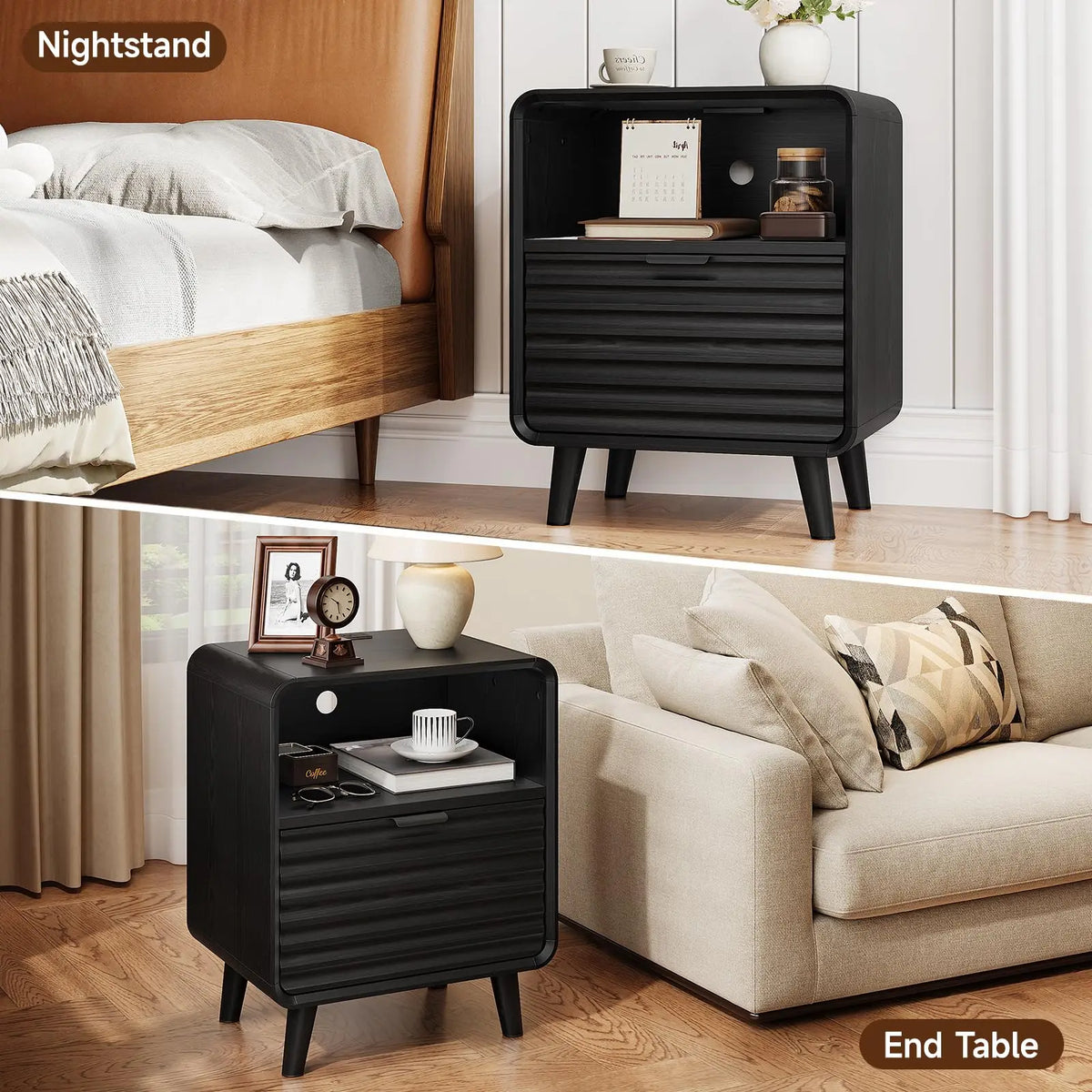 Onbrill Fluted Bedside Table With Drawer Modern End Table