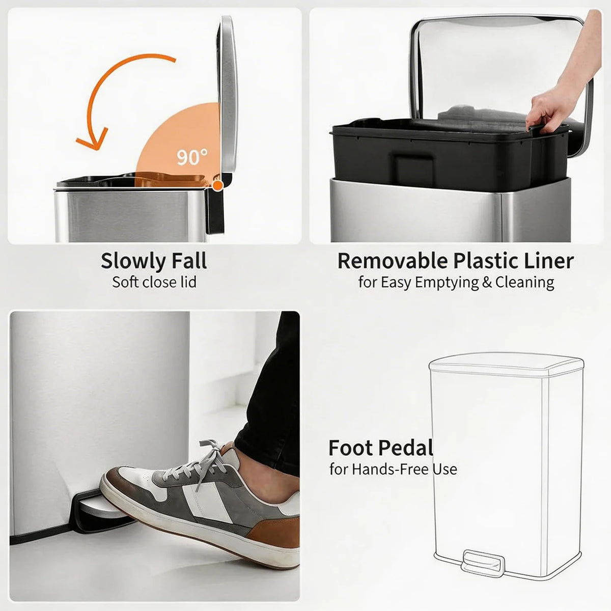 Fingerprint-Proof 13 Gal Pedal Trash Bin Stainless Steel Kitchen Wastebasket Removable Liner Quiet Lid For Office Garage